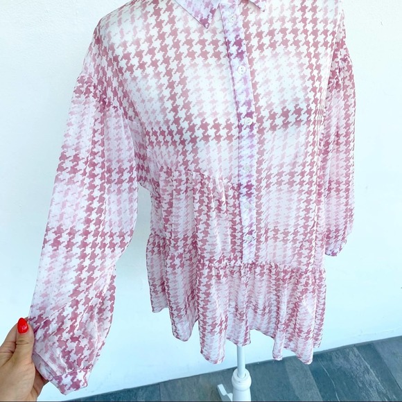 Topshop Pink Check Tiered Long Sleeve Asymmetrical Blouse Button Down Shirt - Picture 7 of 12